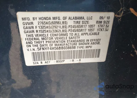 2011 Honda Pilot Ex-L from USA, damaged, VIN 5FNYF4H56BB038698
